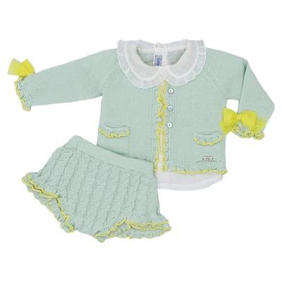 Picture of Rahigo Girls Summer Knit Ruffle Jampants Blouse & Cardigan Set X 3 - Mint Green Yellow