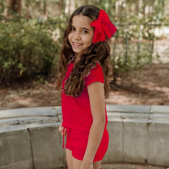 Picture of PRE ORDER Rahigo Girls Summer Raised Knit Shorts & Jumper Set X 2 - Summer Red