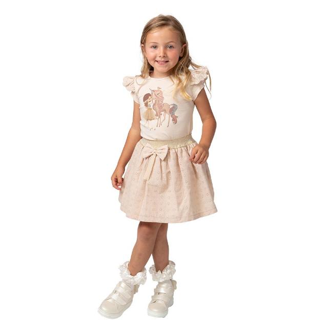 Picture of Caramelo Kids Girls Diamante Unicorn Top & Broderie Anglais Skirt Set - Mink Beige