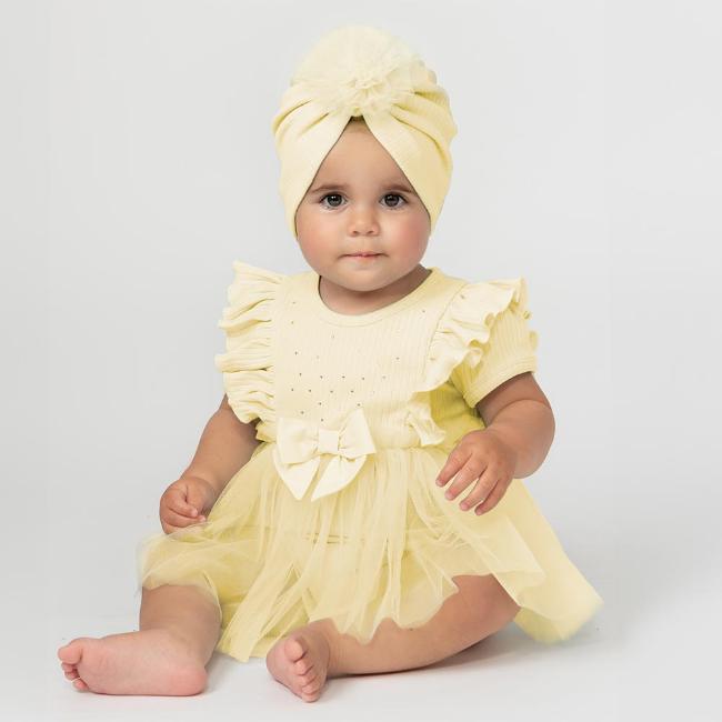 Picture of Caramelo Kids Baby Girls Ribbed Tulle Dress With Turban - Lemon