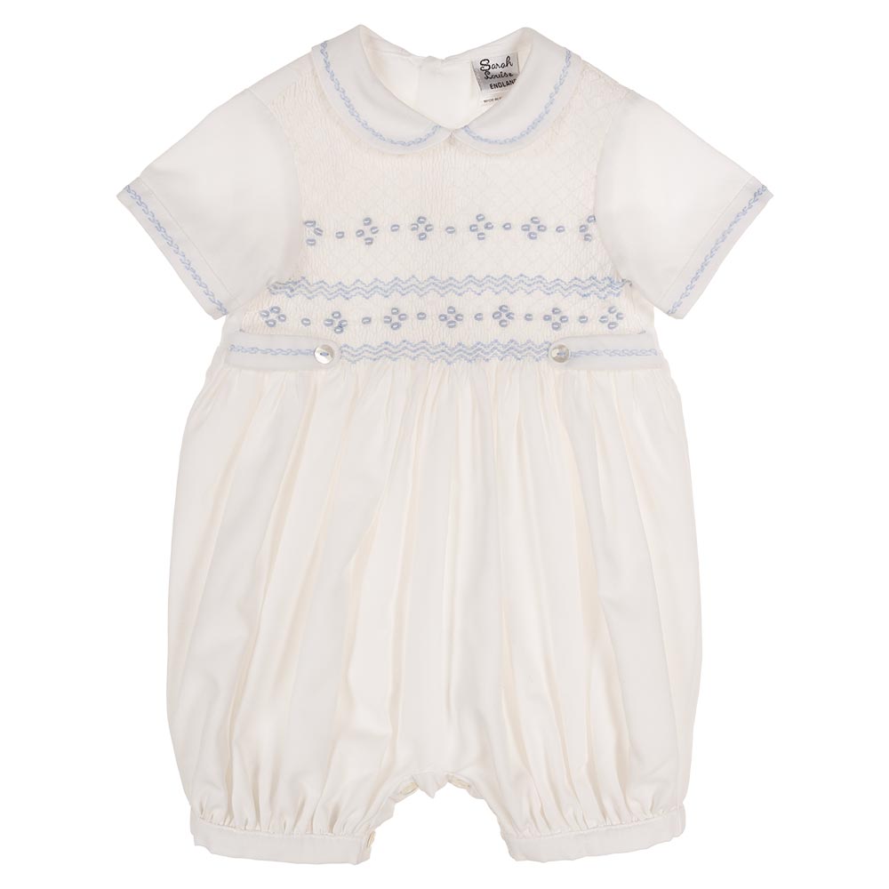 Sarah Louise Baby Boys Smocked Romper White Pale Blue.