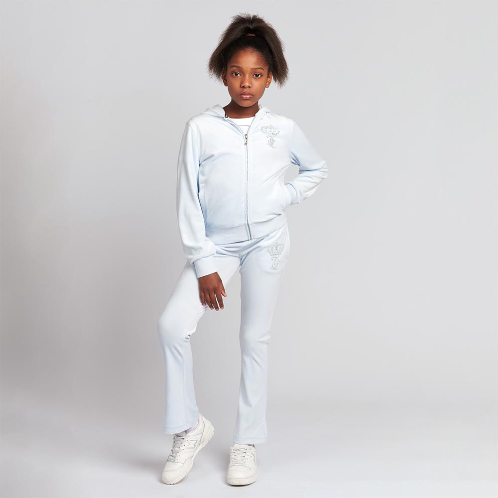 Juicy Couture Girls Summer Black Label Diamante Crown Zip Through Velour Hoodie Heather Pale Blue
