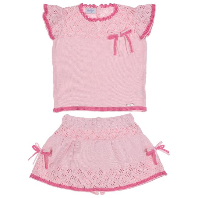 Picture of Rahigo Girls Summer Knit Openwork Jumper & Skirt Set X 2 - Baby Pink Fuschia 