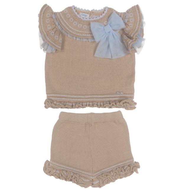 Picture of Rahigo Girls Summer Knit Ruffle Jumper & Shorts Set X 2 - Beige Baby Blue 