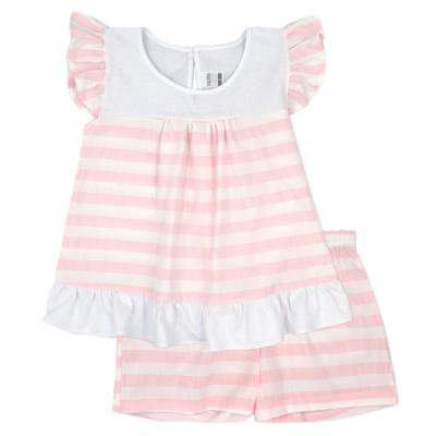 Picture of Rapife Summer Girls 2 Piece Wide Stripe Top & Shorts Set - Pink White