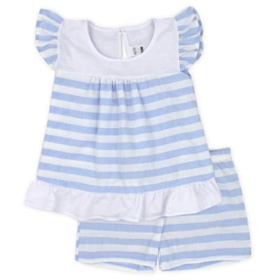 Picture of Rapife Summer Girls 2 Piece Wide Stripe Top & Shorts Set - Blue White 