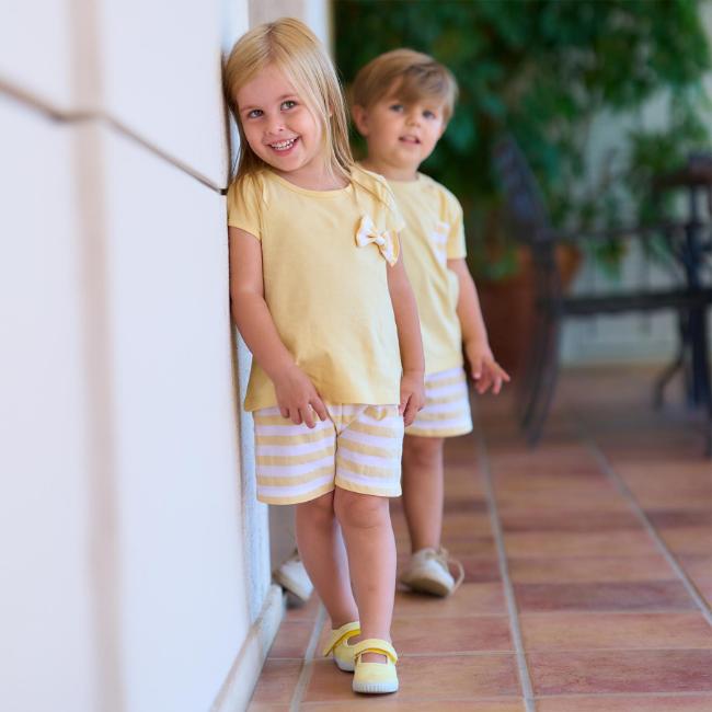 Picture of Rapife Summer Girls 2 Piece Top & Wide Stripe Shorts Set - Lemon White