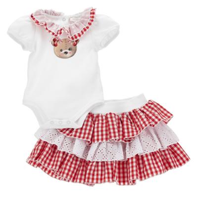 Picture of Monnalisa Bebe Girls Teddy Gingham Ruffle Skirt Set - White Red
