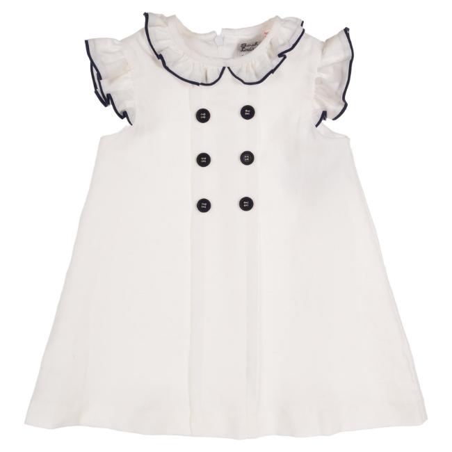 Picture of Sarah Louise Girls Linen Cotton Ruffle Dress  - White Navy Blue 