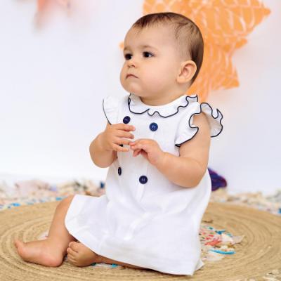 Picture of Sarah Louise Girls Linen Cotton Ruffle Dress  - Navy Blue White