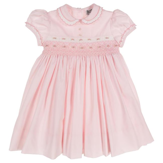 Picture of Sarah Louise Baby Girl Smocked Puff Sleeve Peter Pan Collar Dress - Pale Pink White