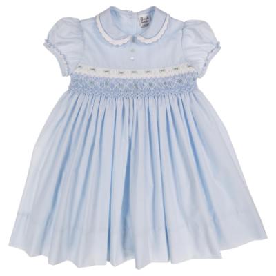 Picture of Sarah Louise Baby Girl Smocked Puff Sleeve Peter Pan Collar Dress - Pale Blue White