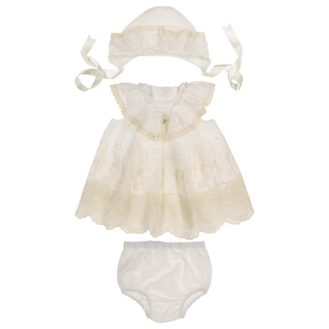 Picture of Foque Baby Girls Lace Ruffle Dress Panties & Bonnet Set X 3 - Ivory 