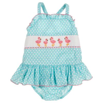 Picture of Anavini Girls Smocked Flamingos Vintage Style Skirted Swimsuit - Aqua Blue Polka