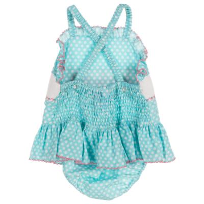 Picture of Anavini Girls Smocked Flamingos Vintage Style Skirted Swimsuit - Aqua Blue Polka