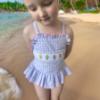 Picture of Anavini Girls Smocked Flamingos Vintage Style Skirted Swimsuit - Aqua Blue Polka