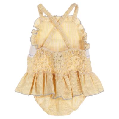 Picture of Anavini Girls Smocked Duckies Vintage Style Skirted Swimsuit - Lemon Seersucker