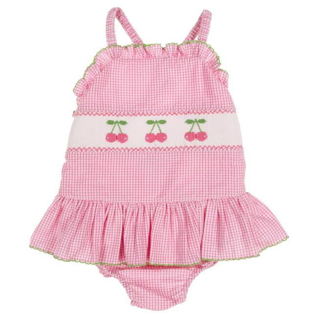 Picture of Anavini Girls Smocked Cherries Vintage Style Skirted Swimsuit - Fuschia Pink Check