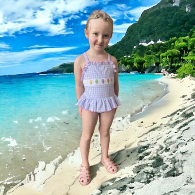 Picture of Anavini Girls Smocked Ice Creams Vintage Style Skirted Swimsuit - Lilac Check