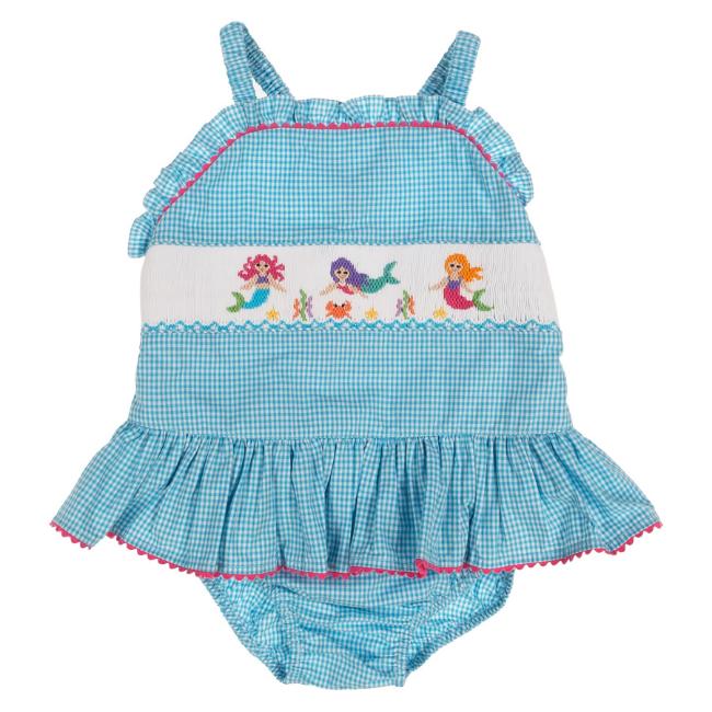 Picture of Anavini Girls Smocked Mermaids Vintage Style Skirted Swimsuit - Turquoise Check 