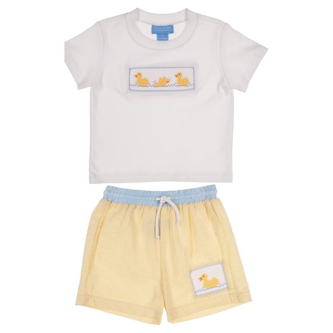 Picture of Anavini Boys Smocked Duckies Top & Swimshorts Set X 2 - Lemon Seersucker