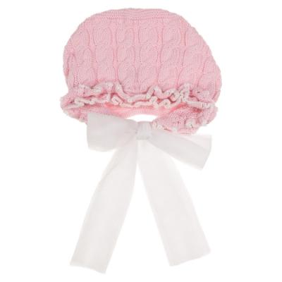 Picture of Rahigo Girls Summer Knit Cable Ruffle Bonnet With Tulle Bow - Pale Pink White