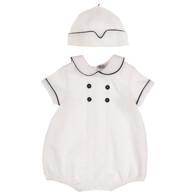 Picture of Sarah Louise Boys Linen Cotton Romper & Hat Set - White Navy Blue