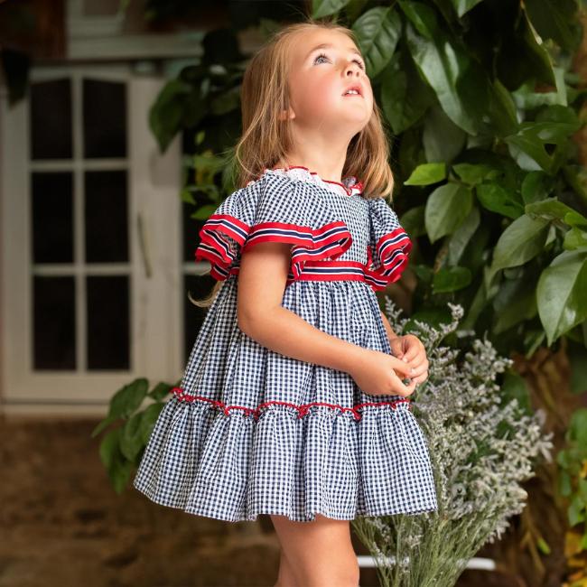 Picture of Foque Girls Gingham Angel Sleeve Ruffle Dress - Navy Red