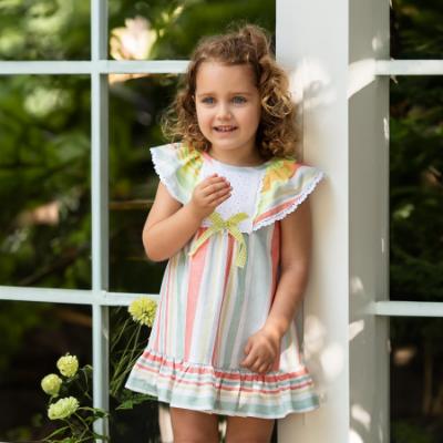 Picture of Foque Girls Angel Sleeve Stripe Ruffle Dress - Coral Multi