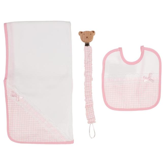 Picture of Sardon Baby Collection Girls Gingham Towel Bib Soother Chain Set X 3 - Baby Pink