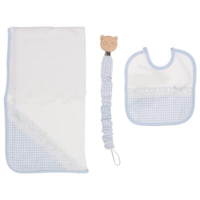 Picture of Sardon Baby Collection Boys Gingham Towel Bib Soother Chain Set X 3 - Baby Blue