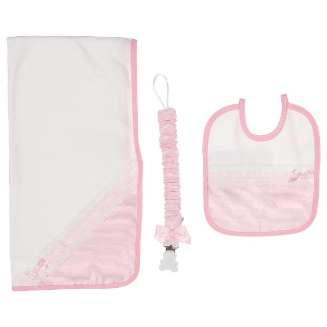 Picture of Sardon Baby Collection Girls Stripe Towel Bib Soother Chain Set X 3 - Baby Pink