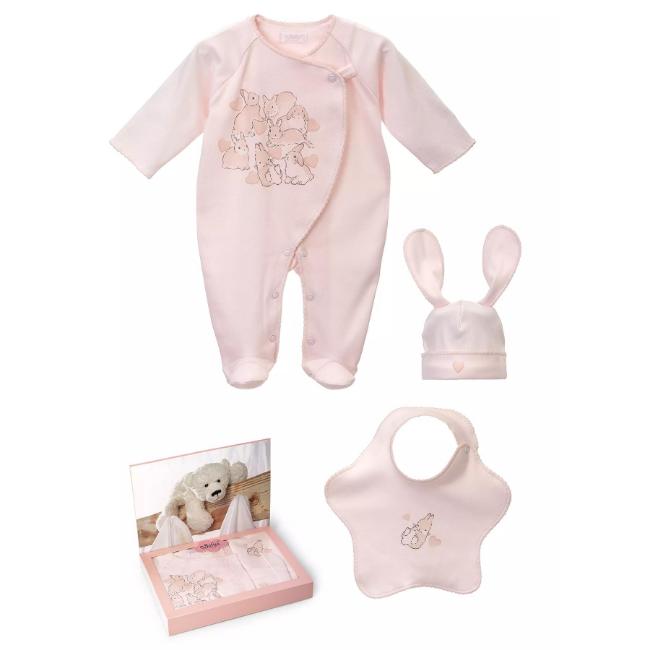 Picture of Sofija Bunny Front Opening Babygrow Bib & Hat Set X 3 - Pink