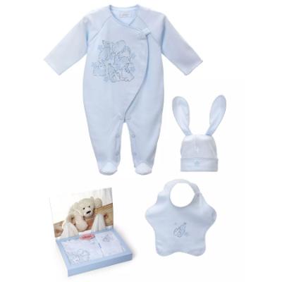 Picture of Sofija Bunny Front Opening Babygrow Bib & Hat Set X 3 - Blue