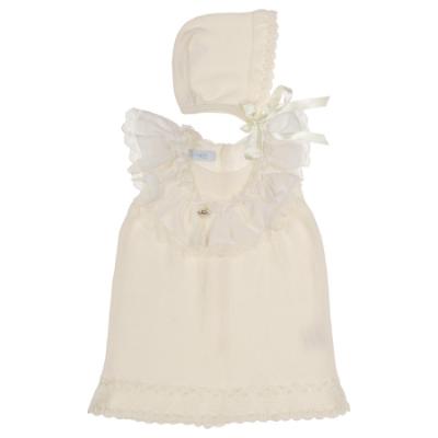 Picture of Foque Baby Girls Knitted Lace Ruffle Dress & Bonnet Set X 2 - Ivory 