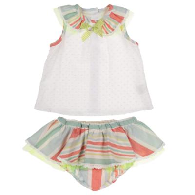 Picture of Foque Baby Girls Skirted Stripe Jampant  Set - Coral Multi