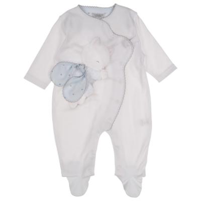 Picture of Sofija Kitten With Bow Front Fastening Babygrow - White Blue