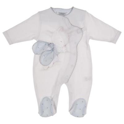 Picture of Sofija Kitten With Bow Front Fastening Babygrow - White Blue