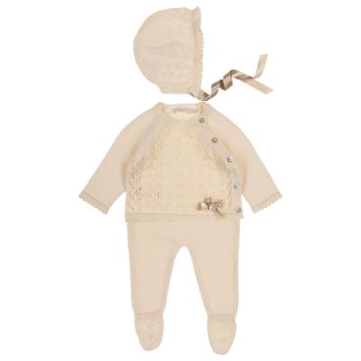 Picture of Rigola Baby Girls Organic Cotton Knit Set X 3 With Bonnet - Pearl Beige