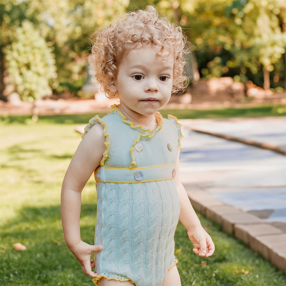 Rahigo Girls Summer Knit Cable Ruffle Romper Mint Green Lemon