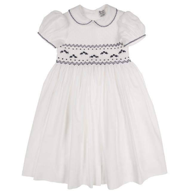 Picture of Sarah Louise Girls Smocked Puff Sleeve Peter Pan Collar Dress -  White Navy Blue