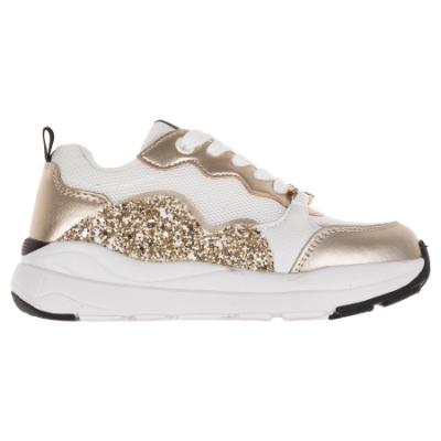 Picture of Mayoral Mini Girls Glitter Lace Up diamante Cahin Front Trainers - White Gold