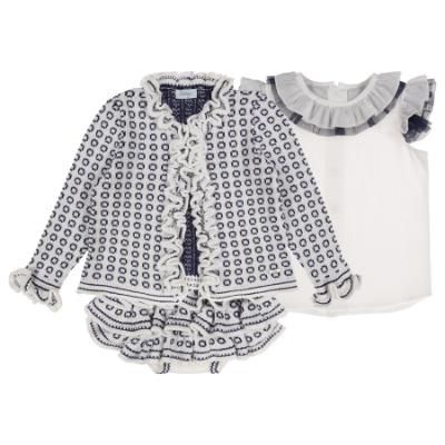 Picture of Rahigo Girls Summer Knit Ruffle Jampants Blouse & Cardigan Set X 3 - White Navy