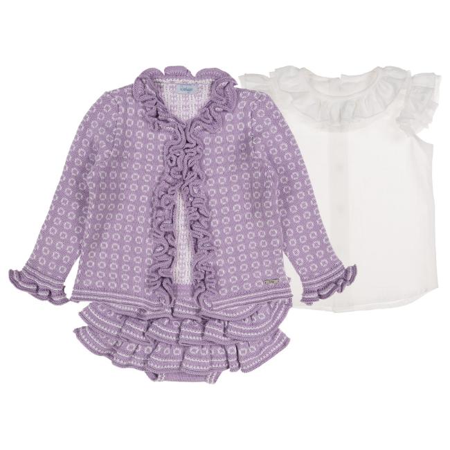 Picture of Rahigo Girls Summer Knit Ruffle Jampants Blouse & Cardigan Set X 3 - Lilac White 