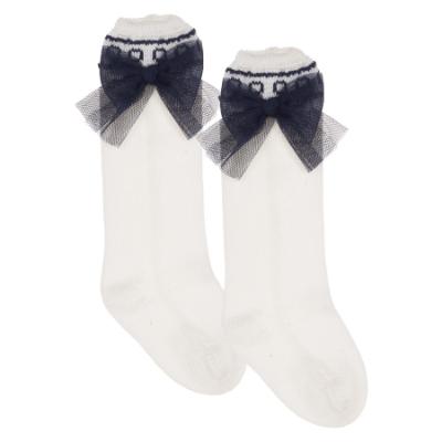 Picture of Rahigo Girls Summer Knit Fixed Tulle Bow Knee High Socks  - White Navy