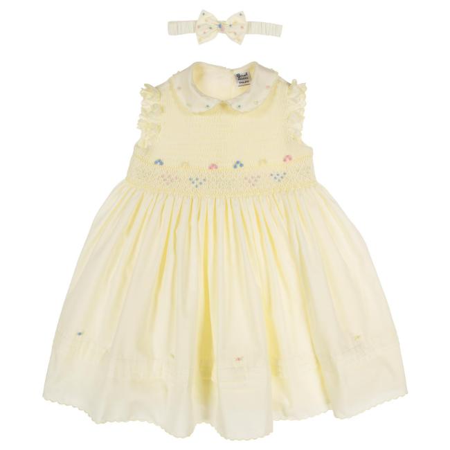 Picture of Sarah Louise Baby Girl Smocked Sleeveless Peter Pan Collar Dress & Headband Set x 2 - Pale Lemon