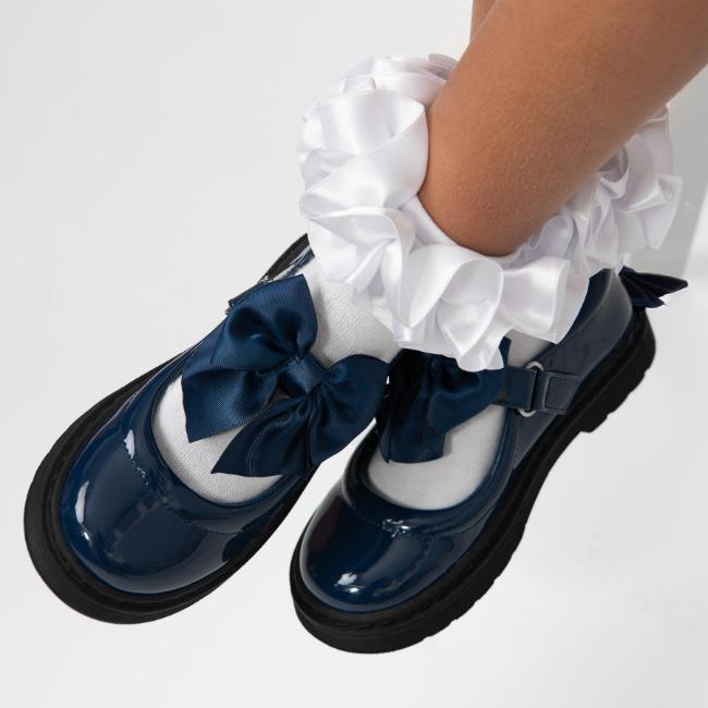 Picture of Caramelo Kids Girls Satin Bow Mary Jane School Shoes - Navy