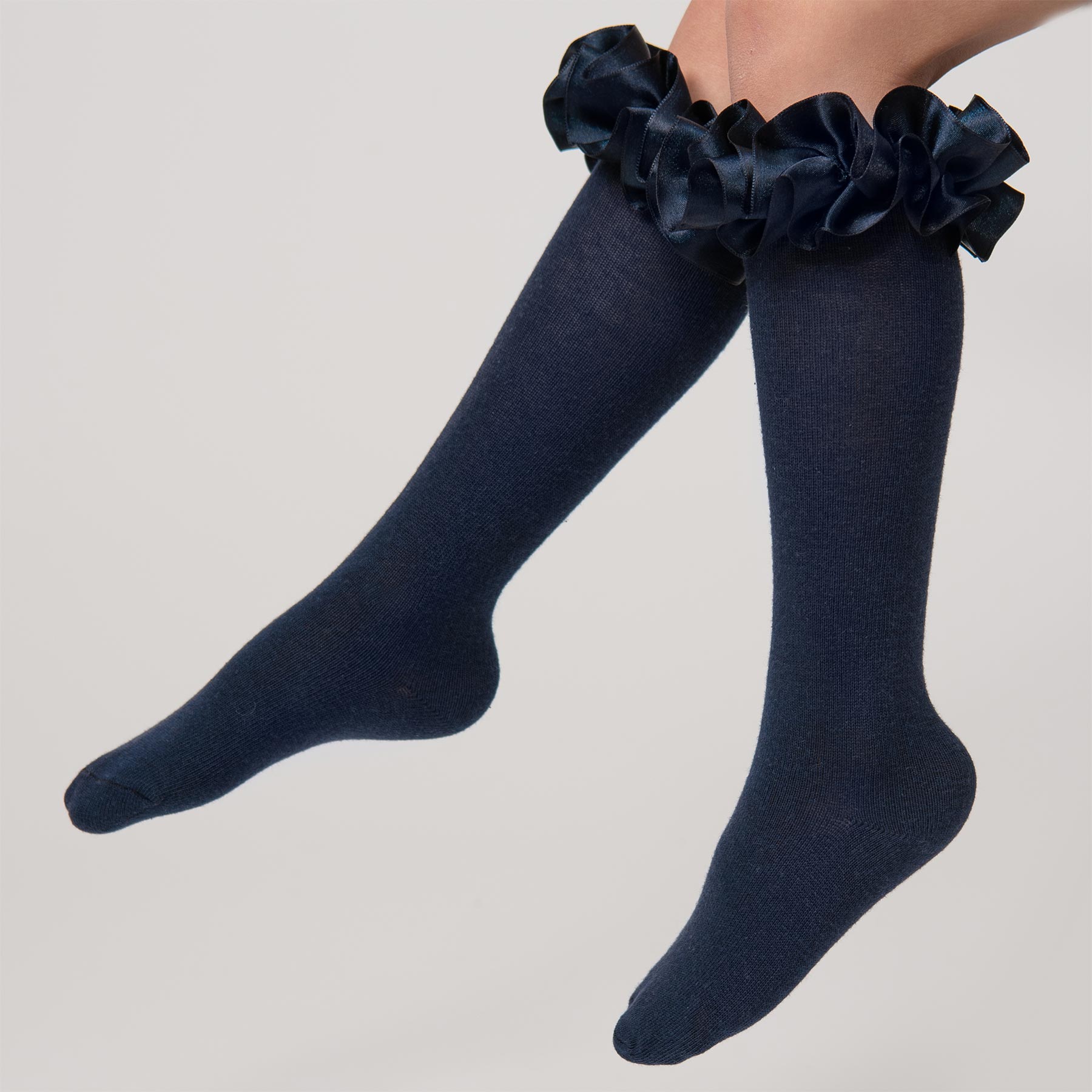 Caramelo Kids Girls Ruffle Ribbon Knee High Socks Navy