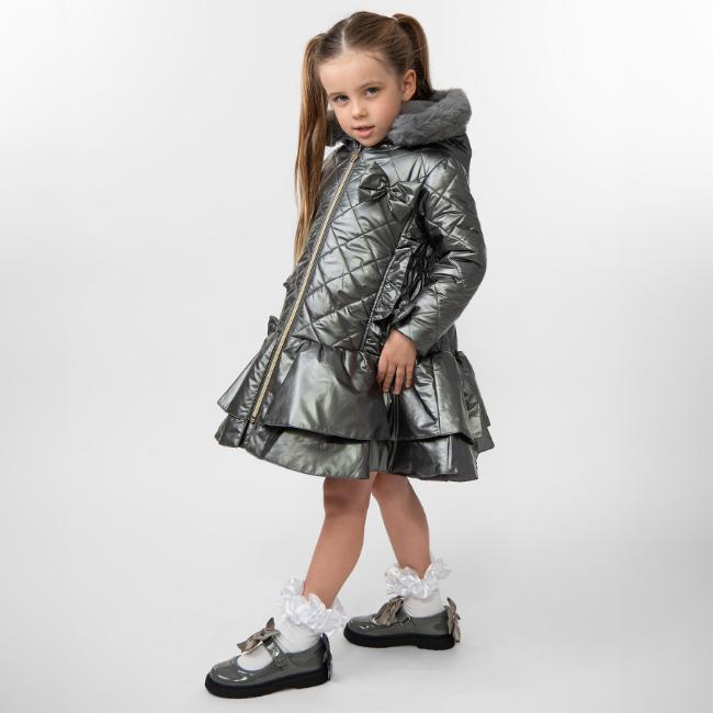 Picture of Caramelo Kids Girls Hooded Quilted School Coat With Bow - Grey
