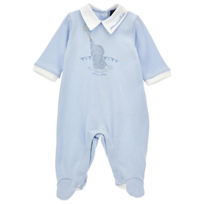 Picture of Monnalisa Bebe Boys Elephant Babygrow With Collar - Blue